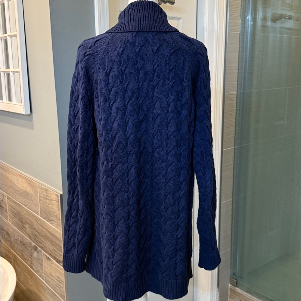 Lands End Cable Knit Cardigan Sweater Navy Medium Shawl Collar Grandmacore - Picture 4 of 8